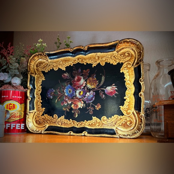 Mita Other - Vintage Black & Gold Italian Floral Decorative Wood Tray